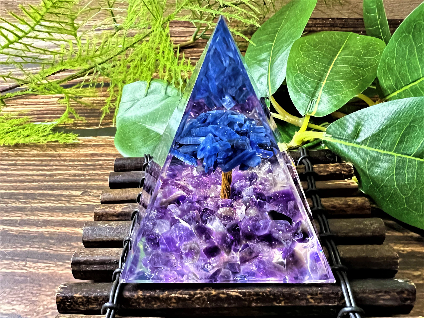 Orgone Pyramid with Kyanite Tree, Chakra Meditating Rune- Reiki Healing Crystal- Meditation stone- Energy Generator- EMF Protection