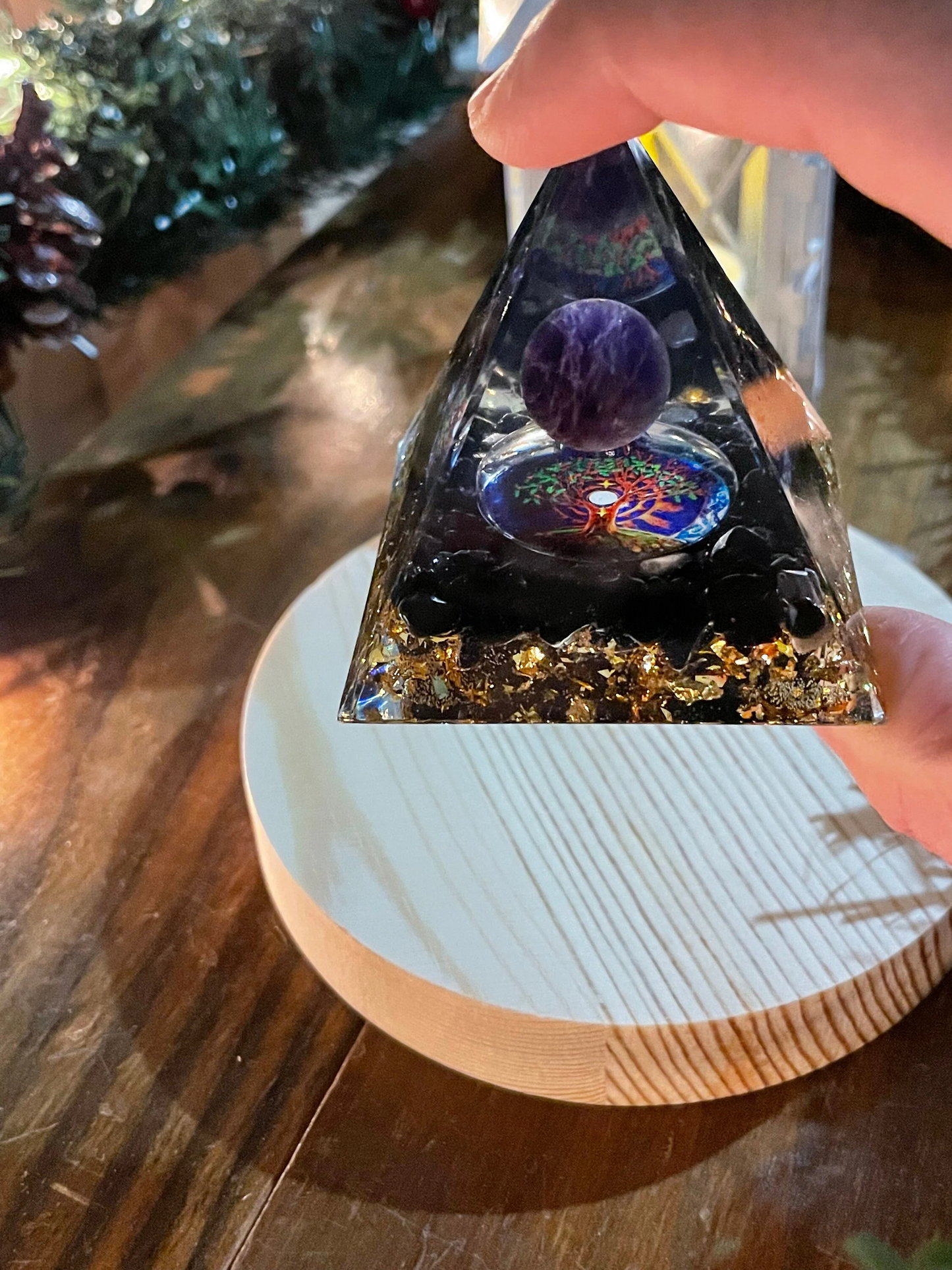 Tree of Life Amethyst Sphere With Obsidian Orgonite Pyramid, Reiki Healing Chakra Meditation Tool