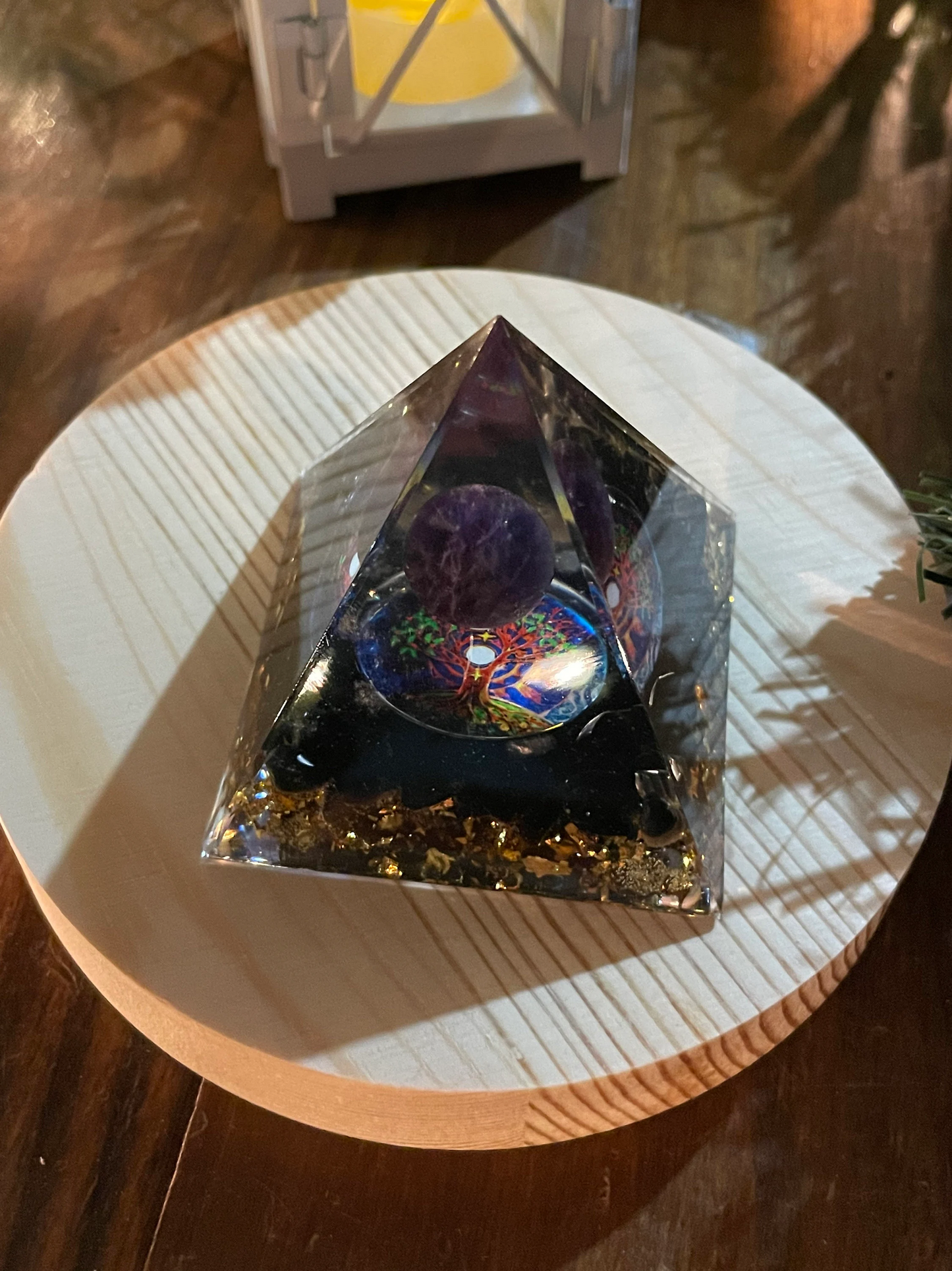 Tree of Life Amethyst Sphere With Obsidian Orgonite Pyramid, Reiki Healing Chakra Meditation Tool