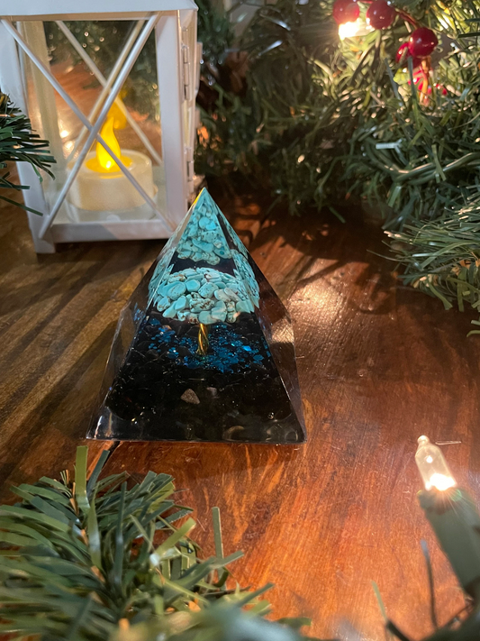 turquoise Tree of Life Pyramid-Obsidian Stone Positive Energy Chakra Reiki Meditation Crystal Orgone Pyramid EMF Protection Healing Pyramid