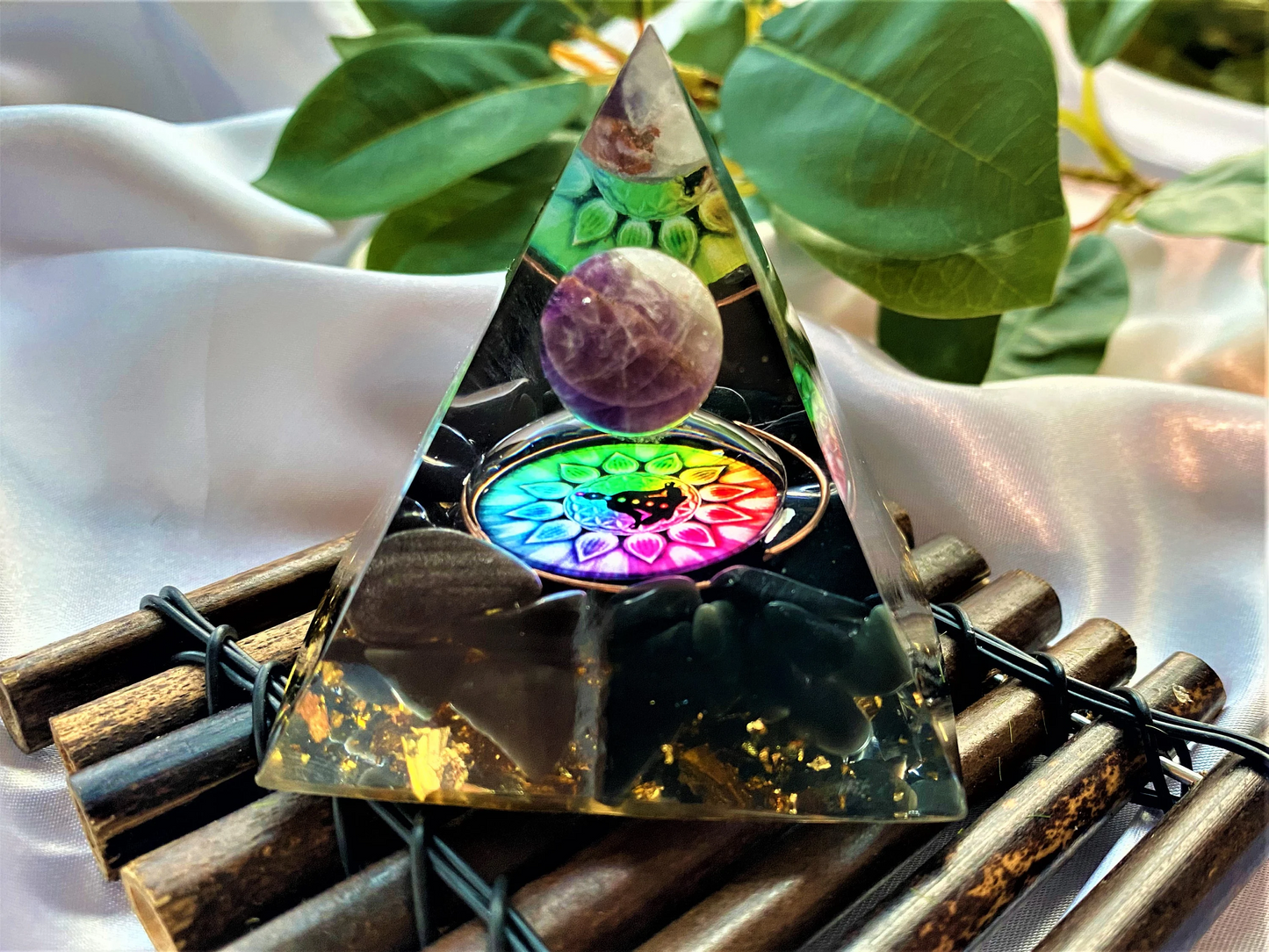 Amethyst Orgone Pyramid Meditating pattern- Reiki Healing Natural Crystal-  Energy- Generator- EMF Protection- Home Decor