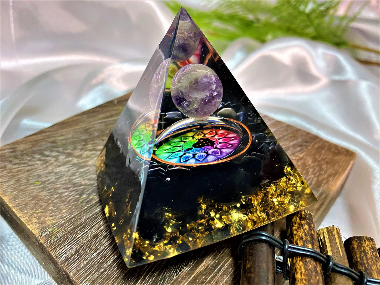 Amethyst Orgone Pyramid Meditating pattern- Reiki Healing Natural Crystal-  Energy- Generator- EMF Protection- Home Decor