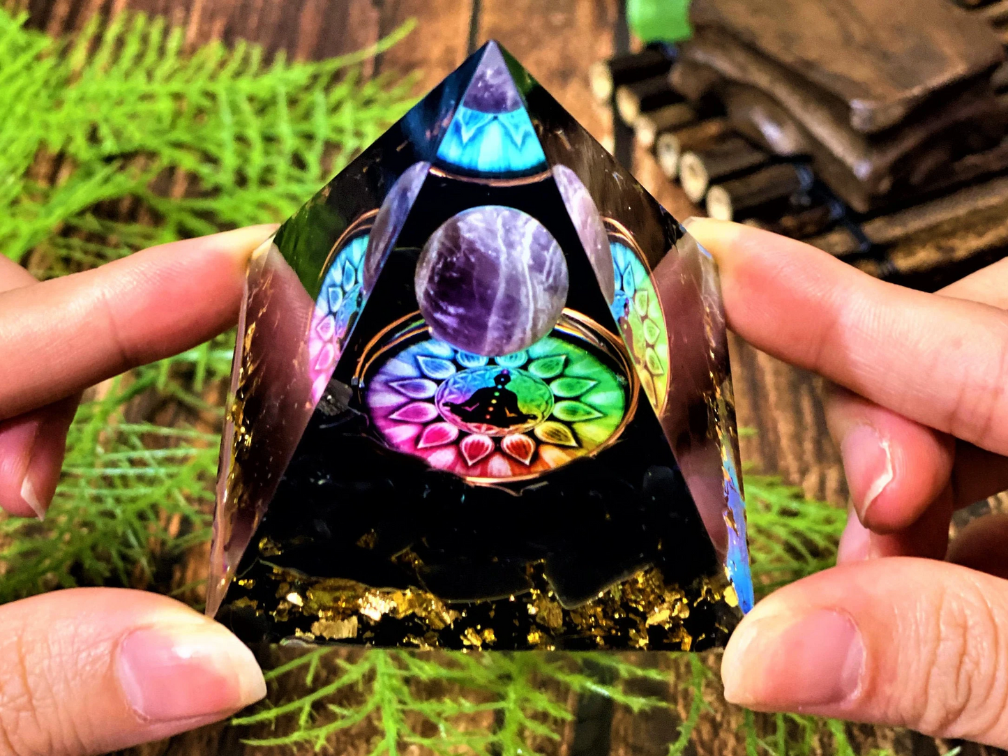 Amethyst Orgone Pyramid Meditating pattern- Reiki Healing Natural Crystal-  Energy- Generator- EMF Protection- Home Decor