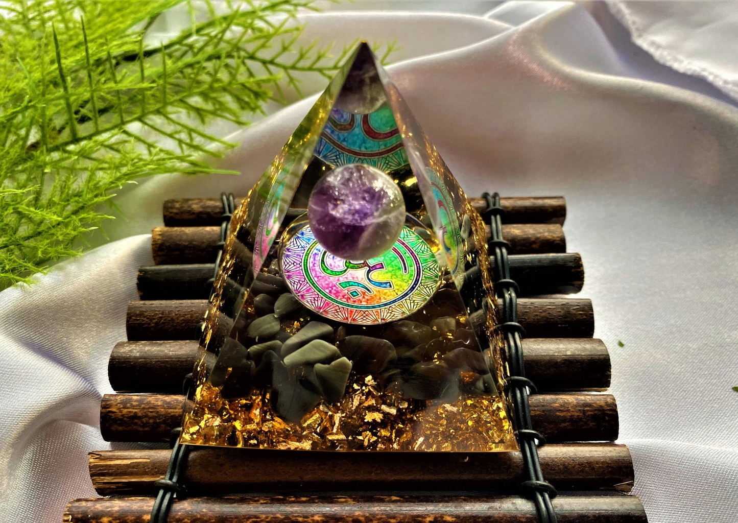 Amethyst Orgone Pyramid Meditating pattern- Reiki Healing Natural Crystal-  Energy- Generator- EMF Protection- Home Decor