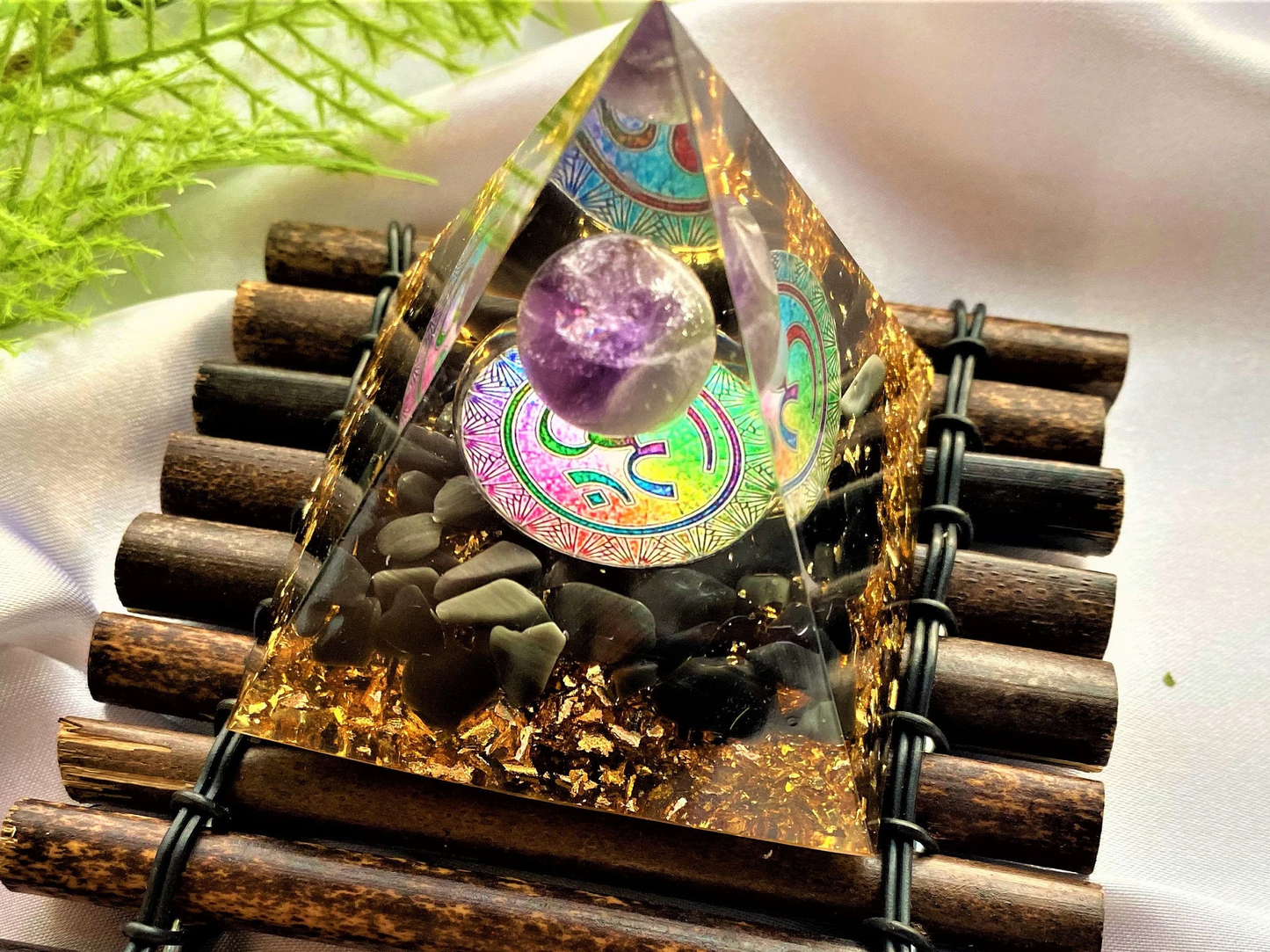 Amethyst Orgone Pyramid Meditating pattern- Reiki Healing Natural Crystal-  Energy- Generator- EMF Protection- Home Decor