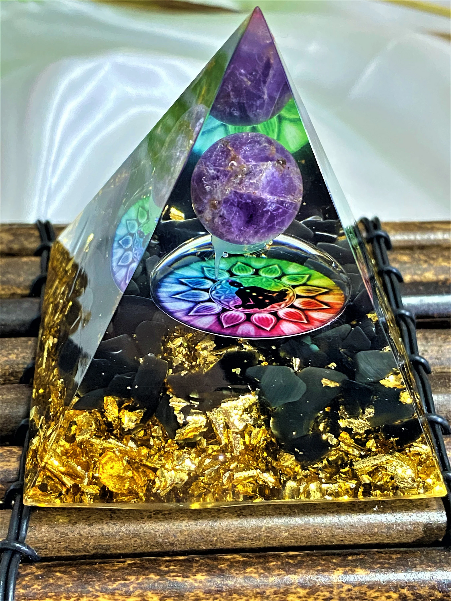 Amethyst Orgone Pyramid Meditating pattern- Reiki Healing Natural Crystal-  Energy- Generator- EMF Protection- Home Decor