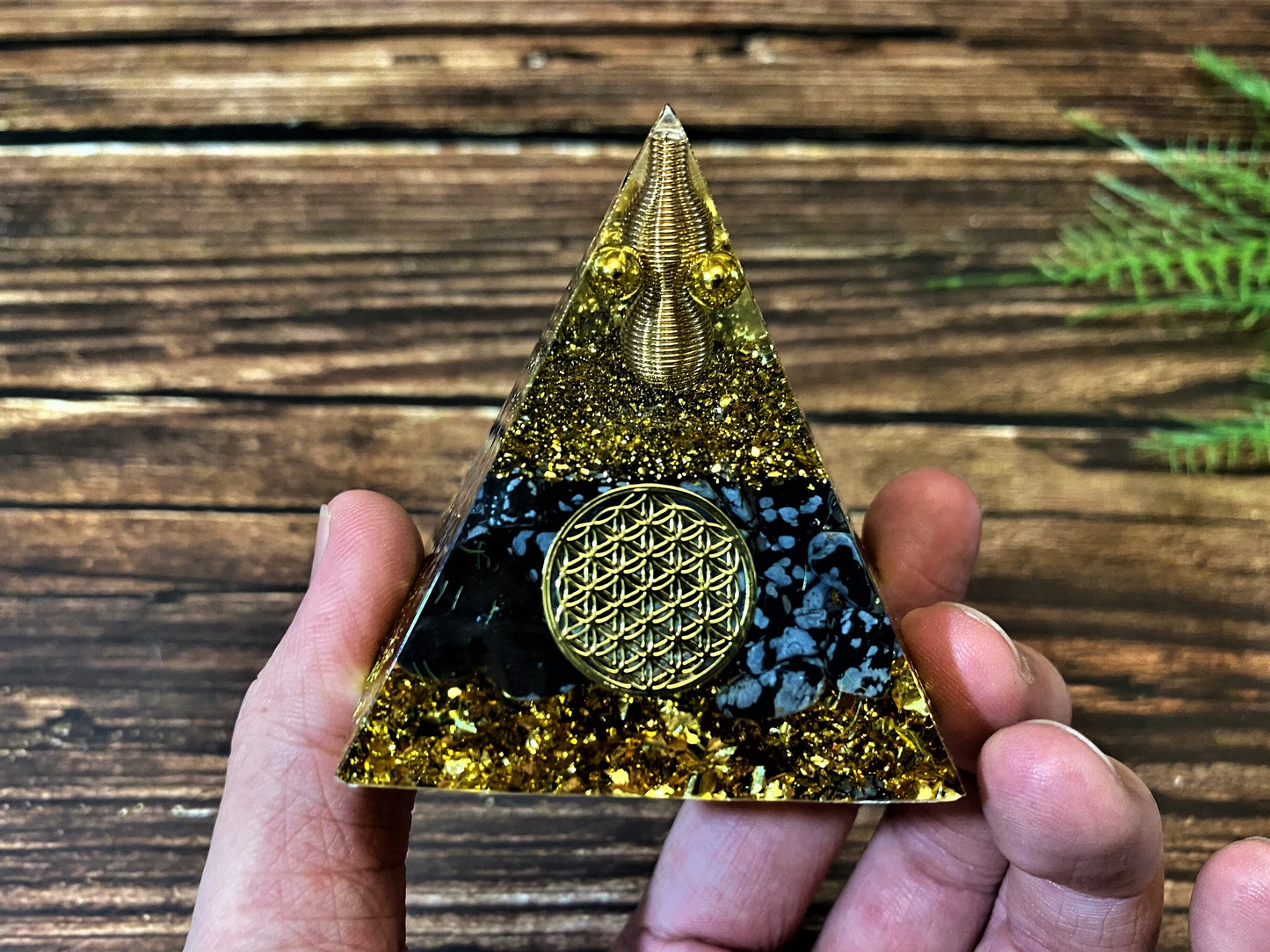 Snowflake Obsidian Orgone Pyramid With Crushed Stones, Natural Crystal Meditation stone, Energy Generator, EMF Protection, Home Decor