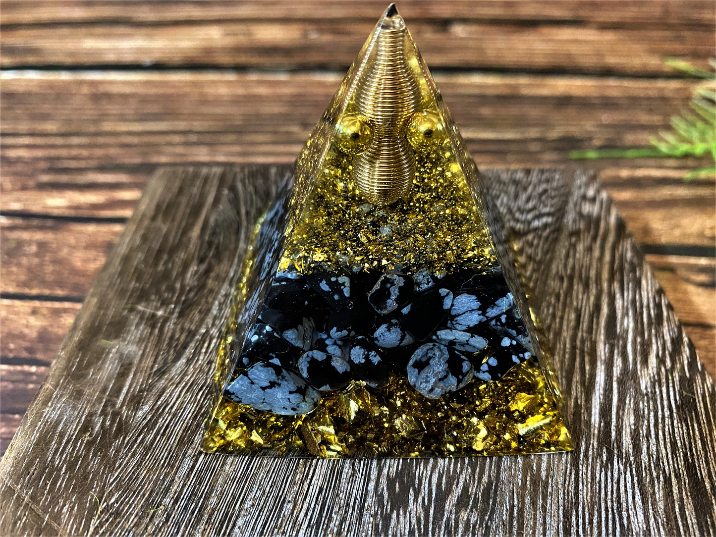 Snowflake Obsidian Orgone Pyramid With Crushed Stones, Natural Crystal Meditation stone, Energy Generator, EMF Protection, Home Decor